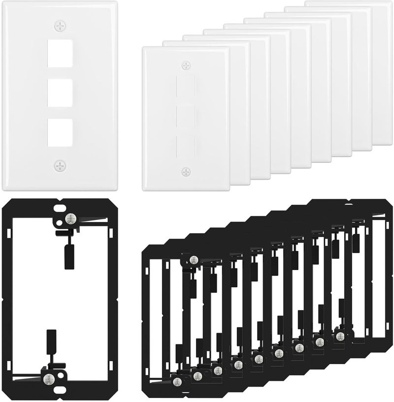 FGBB 3-Port Keystone Wall Plate, with Low Voltage Mounting Bracket, with Single Gang Decorator Wall for RJ45, HDMI, and Coax Keystone Inserts, White, 10-Pack - Image 1